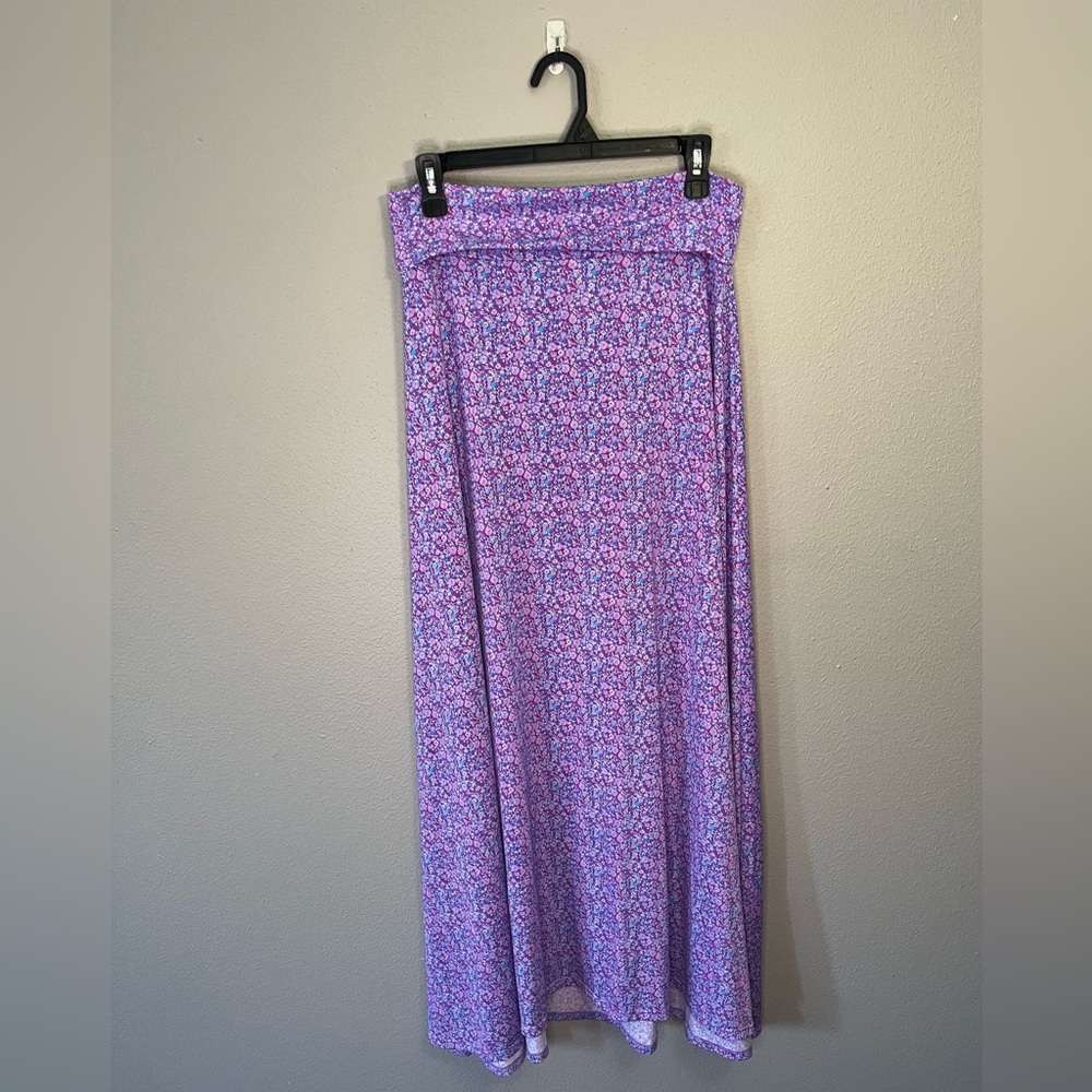 LuLaRoe Maxi Skirt Purple Printed Fold Over Waist Pull on Stretch 90s Print S